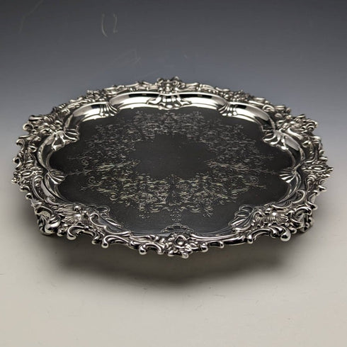 1899年 英国アンティーク 純銀製サルヴァ カードトレイ 直径21.5cm 400g Barker Bros